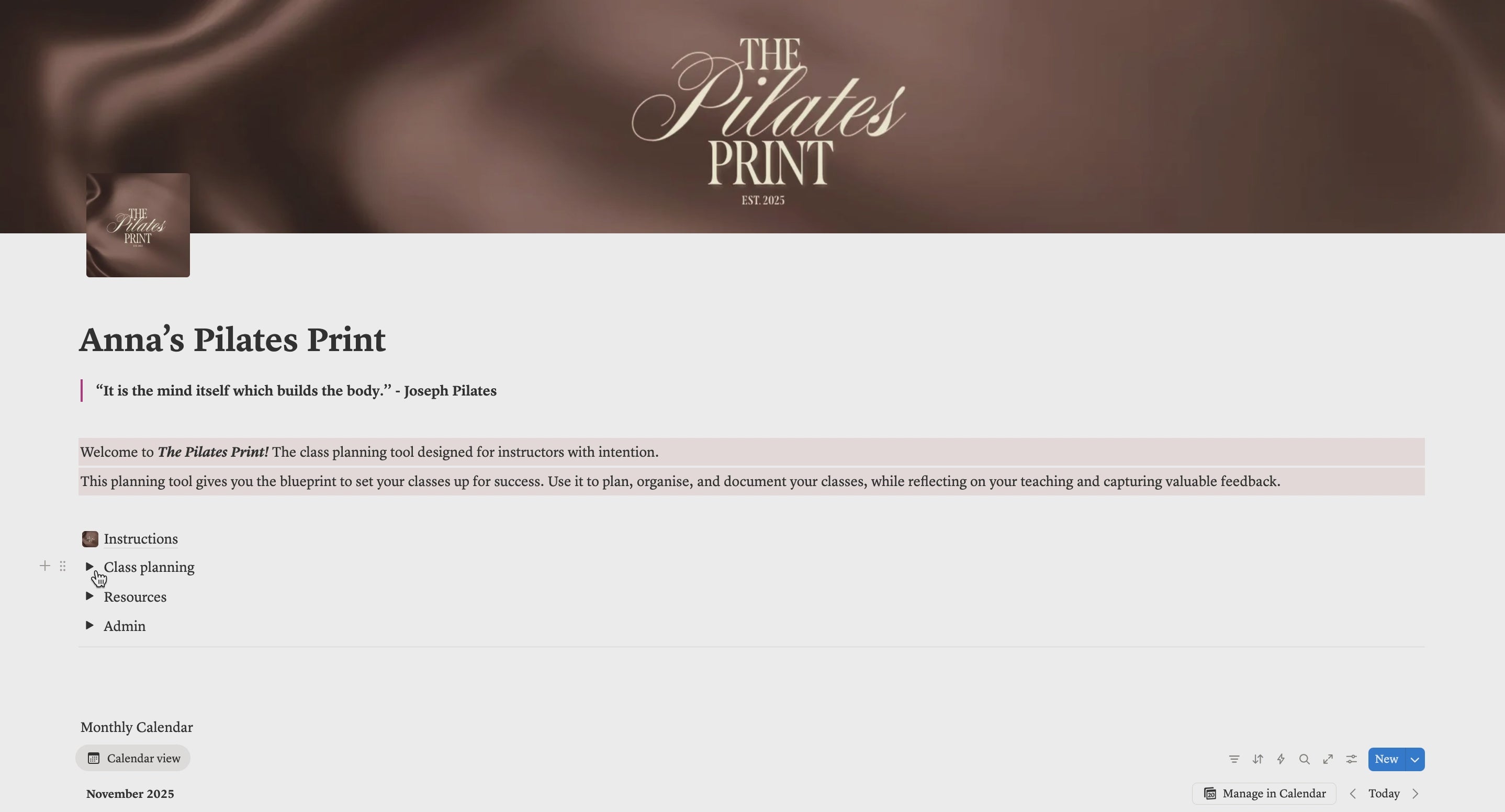 The Pilates Print Notion template